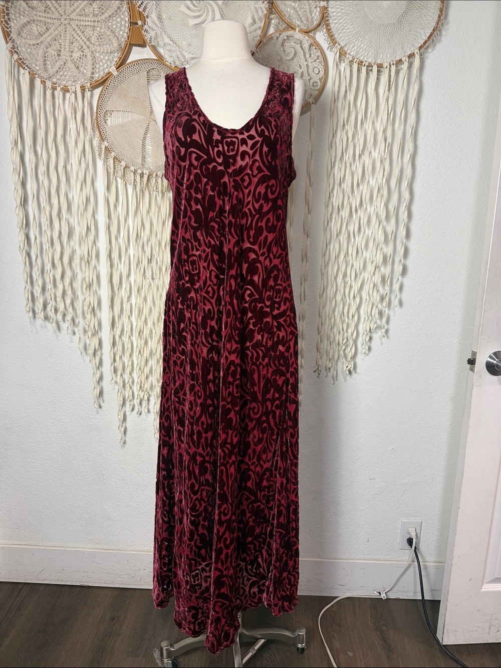 Vintage Lasoie Burgundy Silk Blend Velvet Burnout Sleeveless Maxi Dress XL